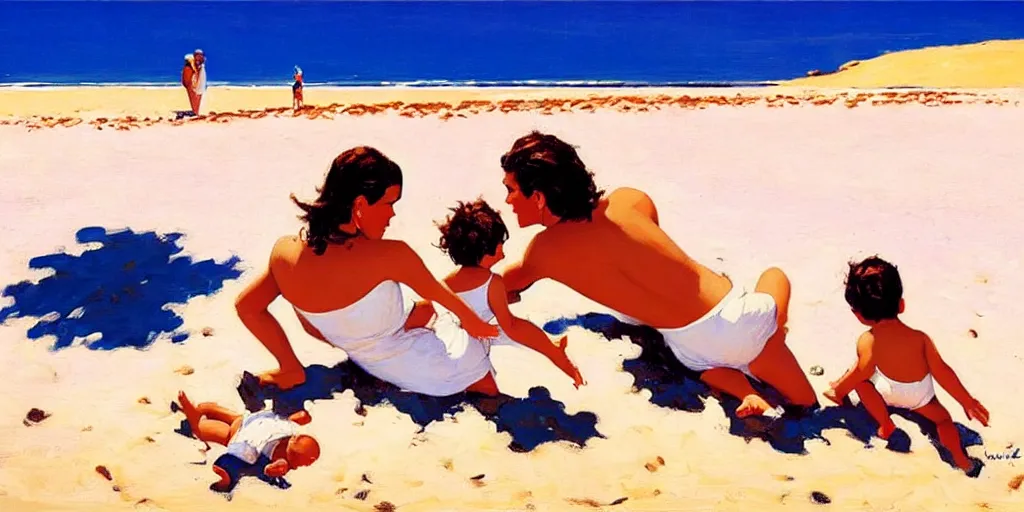 Image similar to a couple and a baby on a beach in sardinia, white sand, blue sky, summer, painting by jack vettriano