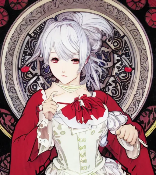 Prompt: Portrait of an anime girl with white hair wearing red gothic lolita dress, beautiful, 4k, smooth, sharp focus, art by Alphonse Mucha and Shirow Masamune