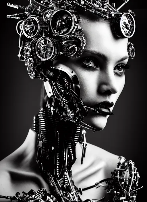 Image similar to a stunning young woman - crow mixed cyborg profile face, face is made intricate tribal bio - mechanical, editorial photography, bw, shot on 7 0 mm, depth of field, f / 2. 8, high contrast, 1 6 k, volumetric lighting, shiny, insanely detailed and intricate, hypermaximalist, elegant, ornate, hyper realistic, super detailed