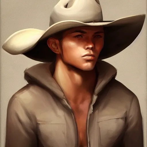 Image similar to a portrait of a teenager with an American cowboy hat, D&D, sci-fi, elegant, hopeful, muscular, highly detailed, digital painting, artstation, concept art, smooth, sharp focus, illustration