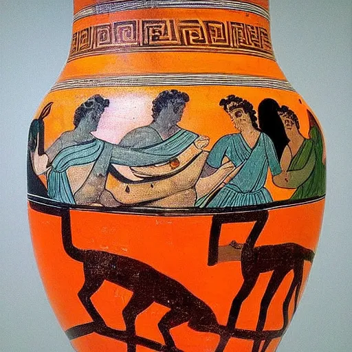 Prompt: An ancient greek painted vase depicting Dionysus drinking wine to forget, classic greek art, black and orange colors