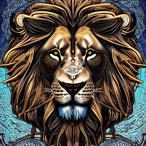 Prompt: realistic detailed lion, zodiac leo by dan mumford, Art Nouveau, Neo-Gothic, Surreality, gothic, rich deep moody colors