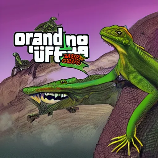 Prompt: lizard gta cover art