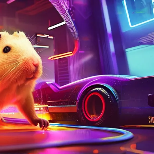 Image similar to hamster with rainbow fur in the style of cyberpunk 2 0 7 7, 8 k, hd, light reflection