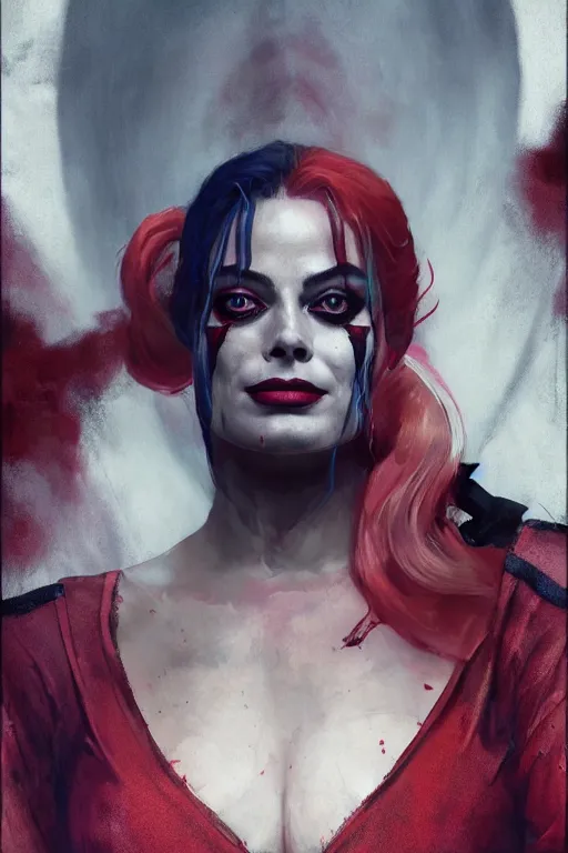 Image similar to a portrait of a Margot Robbie Harley Quinn as a succubus fully clothed by Greg Rutkowski, Sung Choi, Mitchell Mohrhauser, Maciej Kuciara, Johnson Ting, Maxim Verehin, Peter Konig, final fantasy , mythical, 8k photorealistic, cinematic lighting, HD, high details, atmospheric,