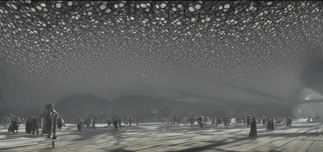 Prompt: a complex organic fractal 3 d metallic symbiotic ceramic humanoid megastructure creature in a train station, foggy, sun rays, cinematic shot, photo still from movie by denis villeneuve, wayne barlowe