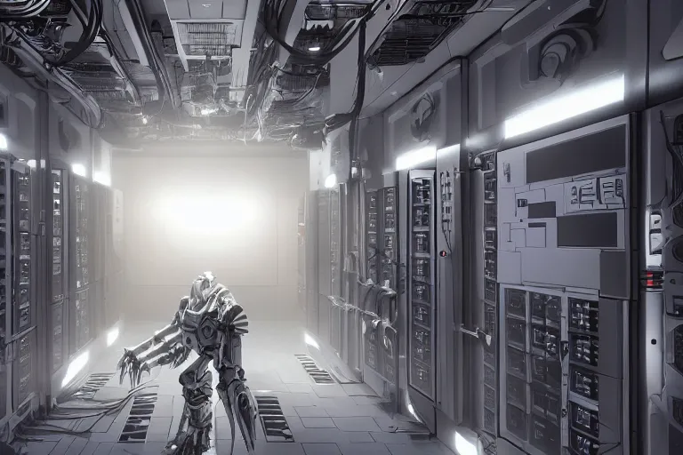 Image similar to parallax datacenter server room single mono colossus white rusty android robosaurus guard in artstation cinematic detailed concept art volumetric light sharp coherent cgsociety symmetric perfect server equipment