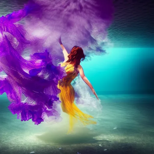 Image similar to beautiful realistic woman dancing underwater wearing a flowing dress made of blue, magenta, and yellow seaweed, delicate coral sea bottom, swirling silver fish, swirling smoke shapes, octane render, caustics lighting from above, cinematic