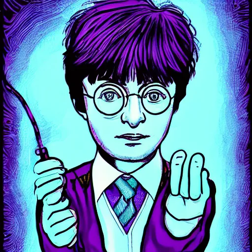 Prompt: harry potter drinking a potion, psychedelic, confusing, trending on artstation