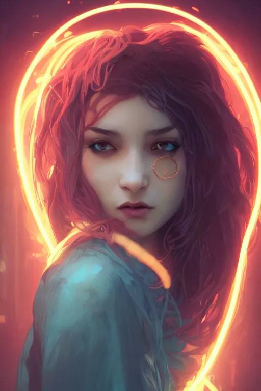 Image similar to portrait, vampire of clan banu haqim, light brown skin, night, long light blue hair, beautiful, in a cyberpunk city, neon signs, jewelry, alphonse mucha, william bouguereau, rossdraws, greg rutkowski, super detailed, realistic, octane render, volumetric, cinematic, 8 k