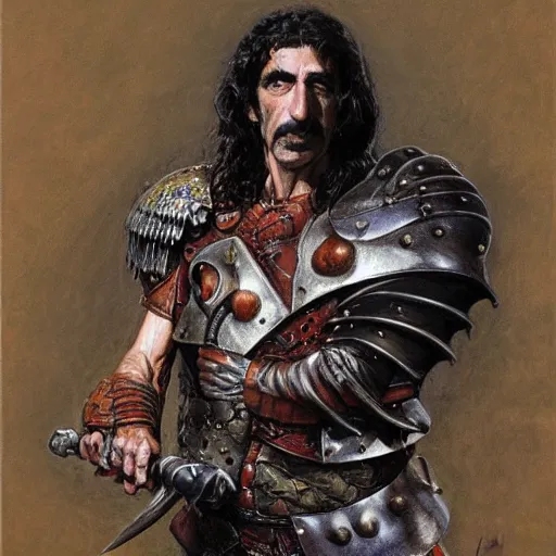 Image similar to portrait of frank zappa wearing armor and holding sword by frank fazetta, fantasy, barbarian