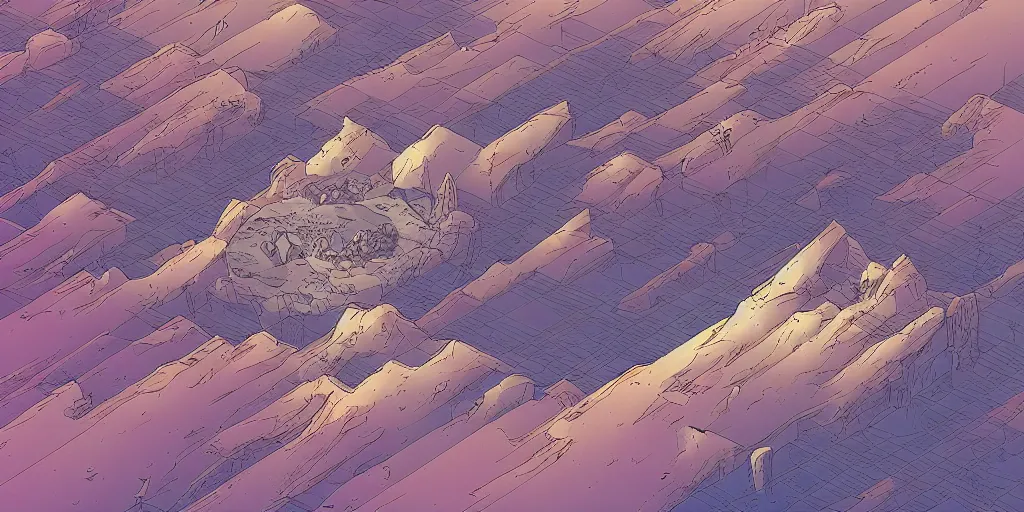 Prompt: a high high perspective landscape of a barren alien world. isometric perspective. science fiction art. moebius