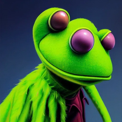 Image similar to furry kermit the frog cyberpunk portrait by gaston bussierre and charles vess and james jean and erik jones and rhads, inspired by rick and morty, epic, funny, huge scale, beautiful fine face features, intricate high details, sharp, ultradetailed