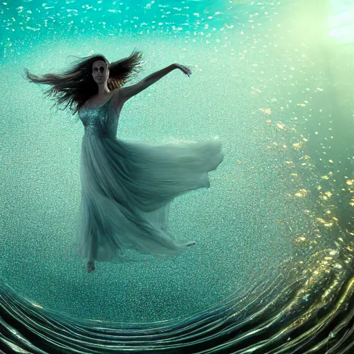 Prompt: jennifer connelly dancing underwater wearing a long flowing dress made of many layers of gold and silver wire, coral sea bottom, swirling schools of silver fish, swirling smoke shapes, octane render, caustics lighting from above, cinematic, hyperdetailed