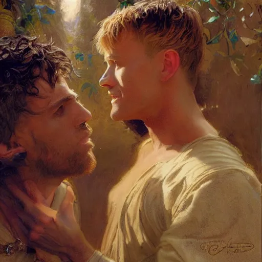 Image similar to attractive arthur pendragon confesses his love to attractive male merlin. highly detailed painting by gaston bussiere, craig mullins, j. c. leyendecker 8 k