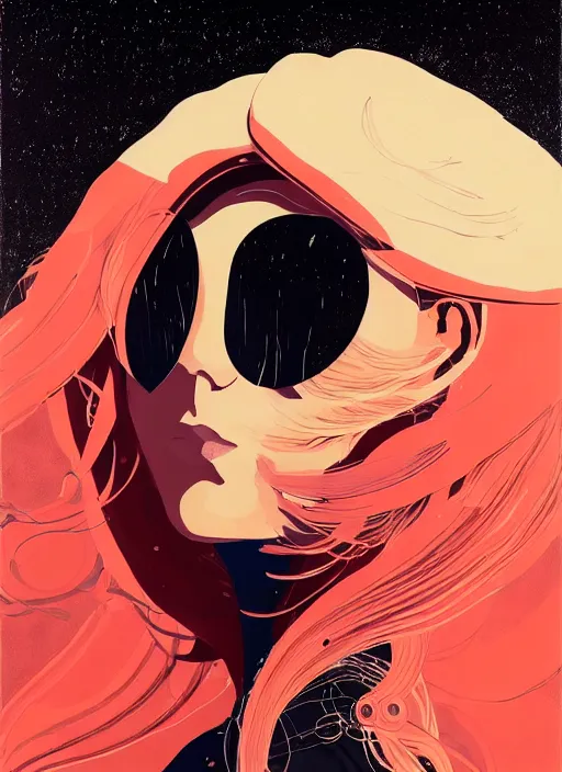 Prompt: highly detailed portrait of a hopeful pretty astronaut lady with a wavy blonde hair, by Greg Tocchini, by Stanley Donwood, by Greg Rutkowski, by Dustin Nguyen, by Ilya Repin, by Kate Olseka, by Cliff Chiang, 4k resolution, nier:automata inspired, bravely default inspired, vibrant but dreary but upflifting red, black and white color scheme!!! ((Space nebula background))