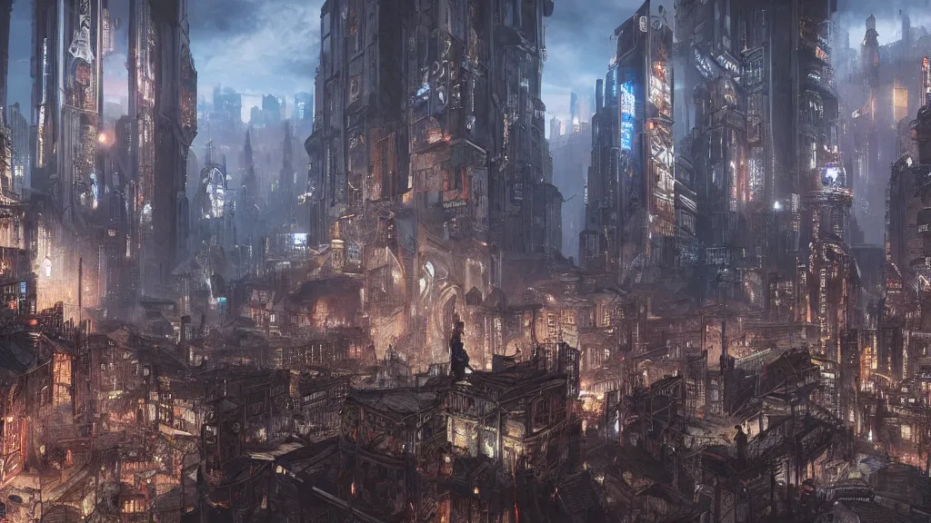 Prompt: ancient medieval city in cyberpunk style, fantastical epic, hyperrealistic, highly detailed, 4 k hd