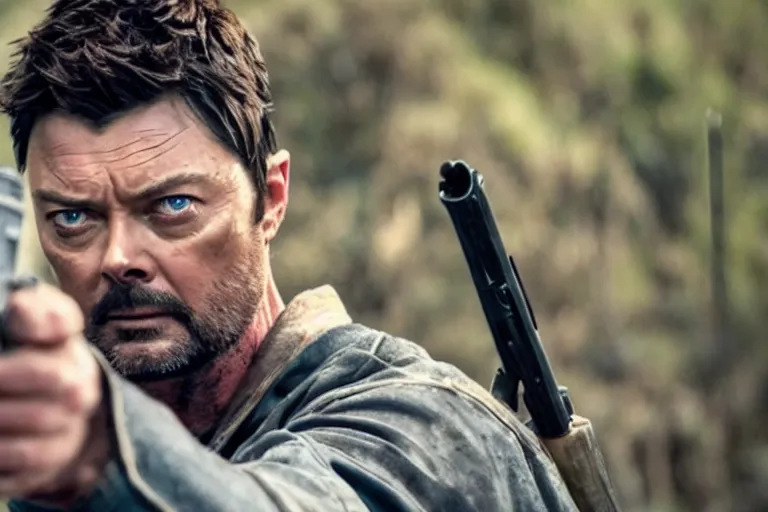 Prompt: a film still of Karl urban in logan, high quality