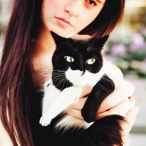 Prompt: a selfie of a a girl with long dark hair holding a cat in her arms, pexels contest winner, rasquache, high quality photo, rtx, hd, shiny eyes, a renaissance painting by sailor moon