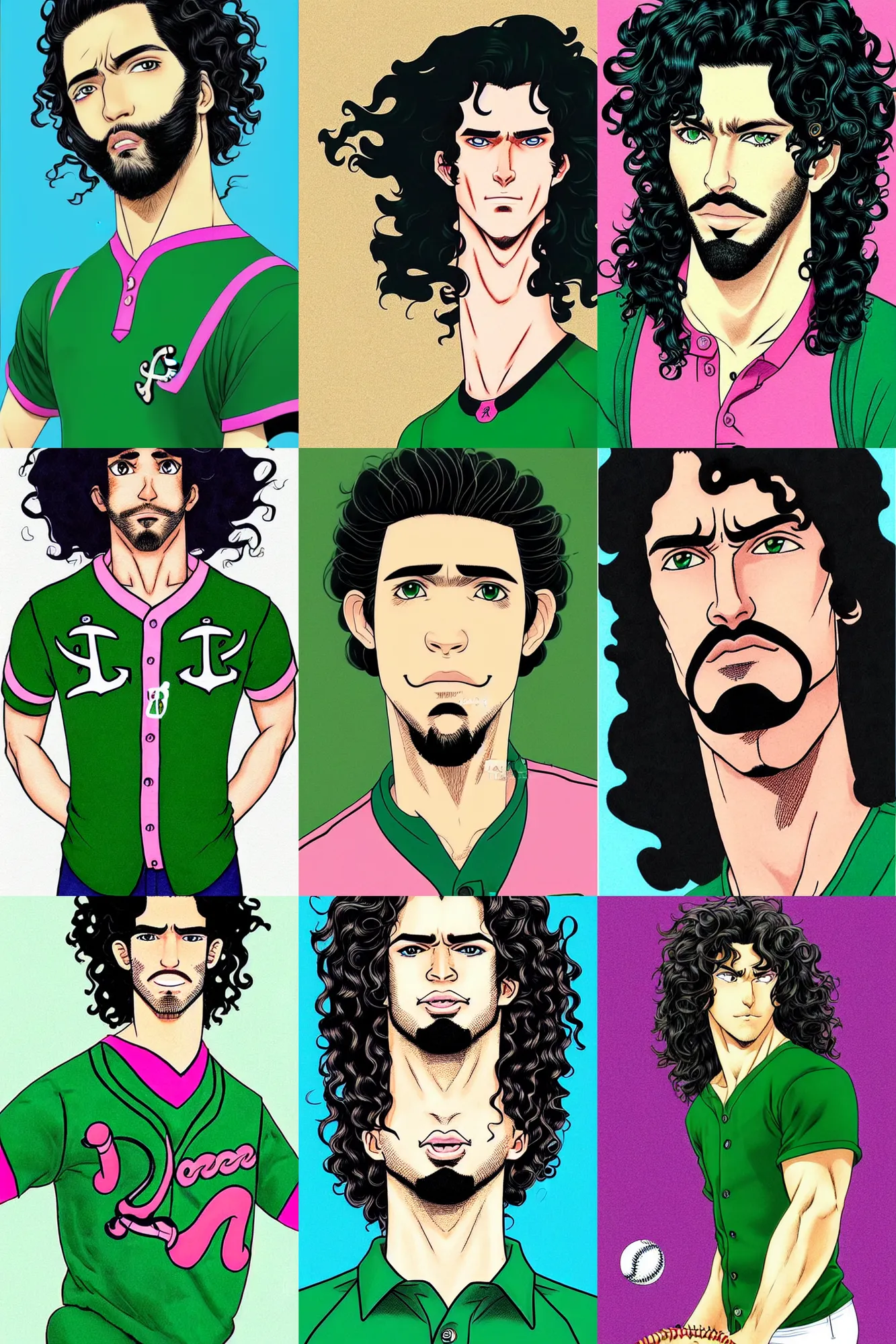 Prompt: illustration of a handsome!! hyper realistic man with long black curly hair, tan skin, green eyes!!!, anchor goatee | wearing unbuttoned, open, black! & blue!! & pink!! baseball jersey | art by hirohiko araki & jean giraud & artgerm & jack kirby