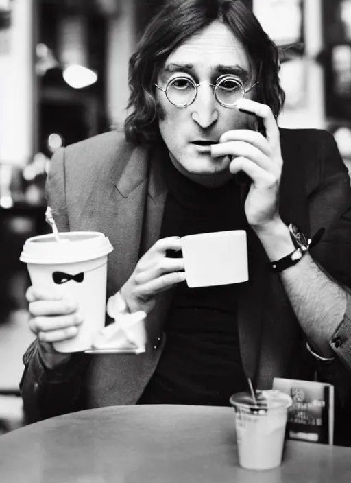 Prompt: john lennon sitting inside a starbucks and taking a picture of his drink cup with his iphone 1 2, black and white photo, real, photorealistic