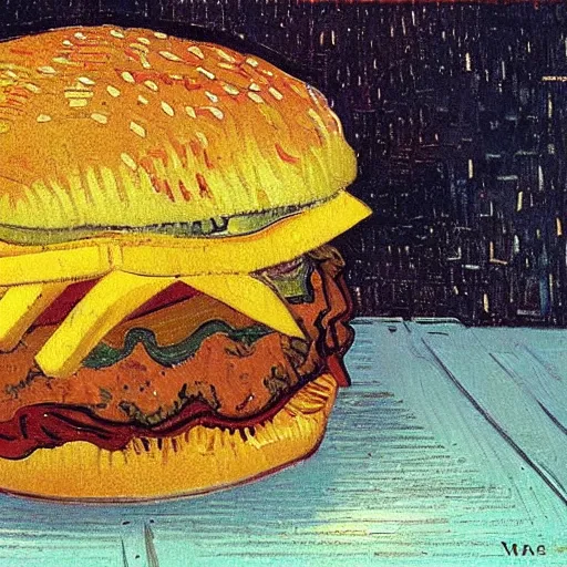 Prompt: cheeseburger menu with fries and coke painting by van gogh