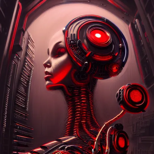Prompt: low angle shot of a cyberpunk robot character surrounded by red computer wires, intricate, elegant, highly detailed, centered, digital painting, artstation, concept art, smooth, sharp focus, illustration, artgerm, Tomasz Alen Kopera, Peter Mohrbacher, donato giancola, Joseph Christian Leyendecker, WLOP, Boris Vallejo