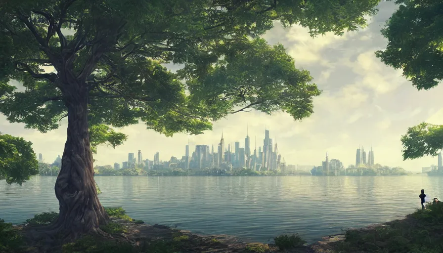 Image similar to new york city with a lake, beautiful ancient trees, hiding large treasure chest, serene evening atmosphere, soft lens, soft light, cel - shading, animation, in the style of cgsociety, deviantart, artstation, zbrush, cinema 4 d, studio ghibli, akihiko yoshida, atelier lulua, masamune shirow