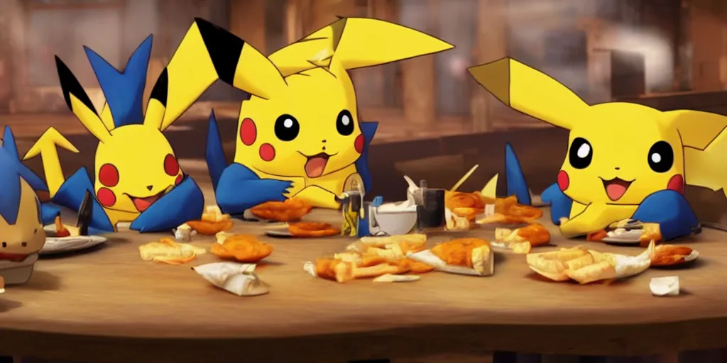 Prompt: a cute Pikachu and an impressive Charizard next to a table eating some delicious hamburgers, digital art, wide shot, highly detailed, hyperrealistic, photorealistic, unreal engine 5, very detailed, emotional, made by a professional 3d artist, dynamic lighting, trending on artstation, 4k uhd, epic composition, masterpiece