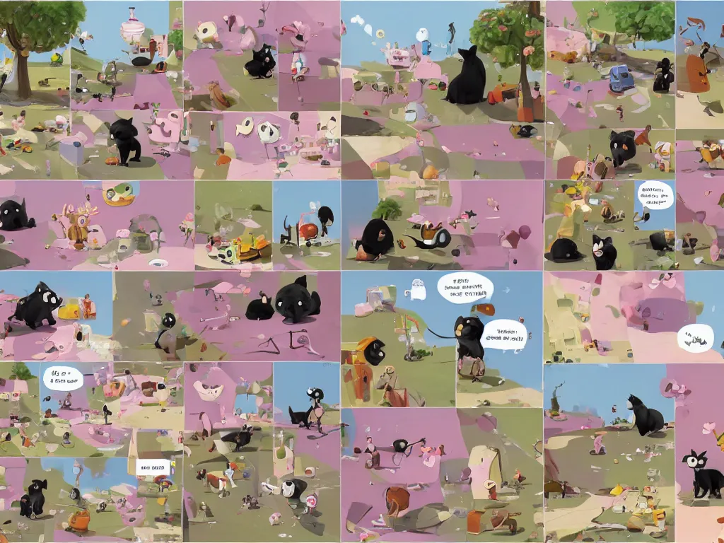 Image similar to a comic strip of a smiling black and caramel Yorkshire Terrier, art by Goro Fujita, plus a pink rubber monkey, the two animals play in a simply sketched park, art by Goro Fujita