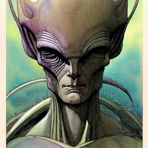 Image similar to a simple and atmospheric watercolour portrait of a pulp sci - fi alien god, very muted colors, by rebecca guay, michael kaluta, charles vess and jean moebius giraud