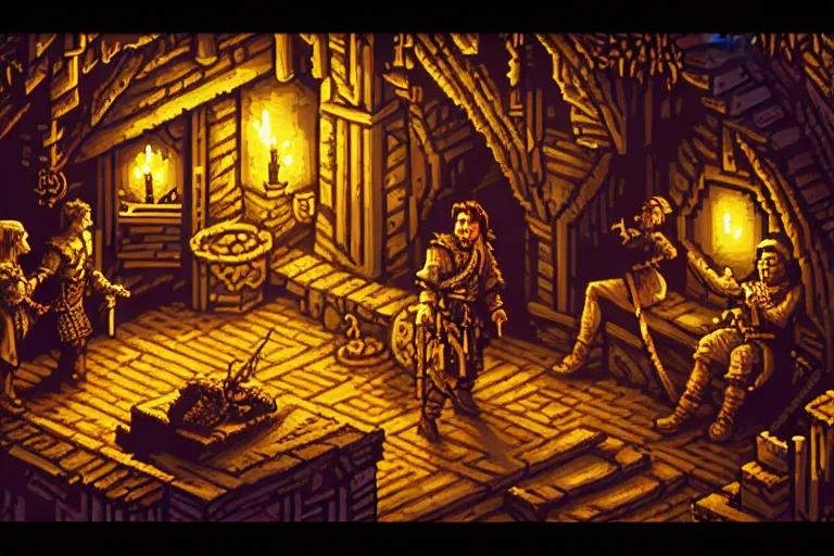 Image similar to the bard's tale, beautiful detailed pixelart by albertov, intricate details, beautiful, dithered gradients, volumetric lighting, cgsociety, artstation, smooth, sharp focus, 2 d illustration, amazing art by dan mumford, old school computer game graphics, crpg, d & d, pixel art