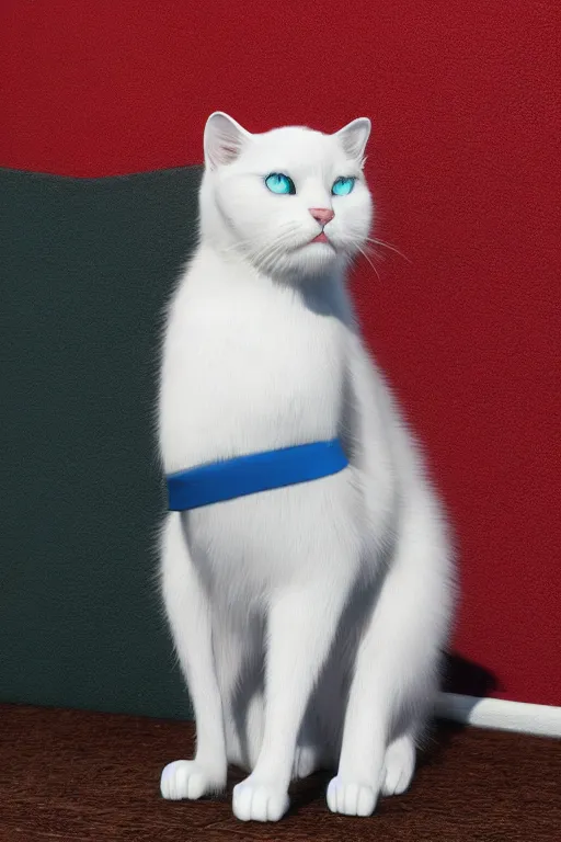 Image similar to a white cat with blue eyes wearing a red and green formal overcoat, hyperrealistic, concept art, octane render, unreal engine 5, realistic and defined face, profile picture, digital art, pixar and disney style, symmetrical, high quality, highly detailed, high coherence, path traced, house background, low contrast, beautiful