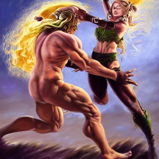 Image similar to An ultra realistic portrait painting of Gyro Zeppeli fighting Funny Valentine in the style of Frank Frazetta, 4k, Ultra realistic, Highly detailed, Dark fantasy, Epic lighting