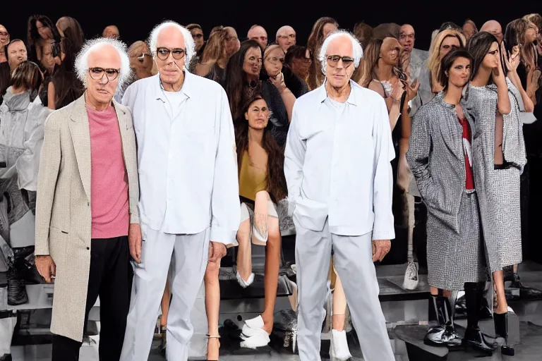 Prompt: Larry David posing on the catwalk fashion show Chanel, fashion week