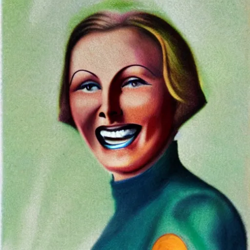 Image similar to a 1 9 2 8 color drawing portrait. calm, happy, healthy, smiling, sporty, young, glowing greta garbo in athletic wear with big smile and healthy teeth. realistic, high quality.