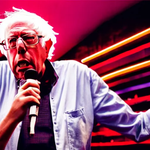 Prompt: Bernie Sanders as a famous rock musician with lots of saturated neon lights, studio photograph for his new hair metal album