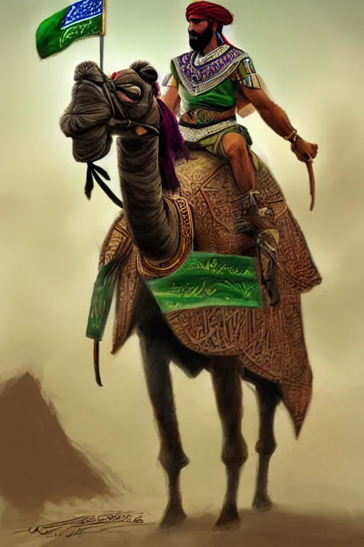 Image similar to a arabian warrior, ride camel he use green turf and flag, realistic, sketch and art by jacqueline e, colored by bo feng lin