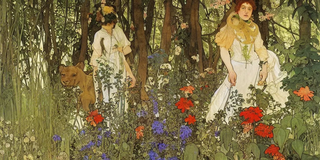 Image similar to a beautiful painting of wild animals in the woods with vines and ferns and flowers, painted by carl larsson and alphonse mucha