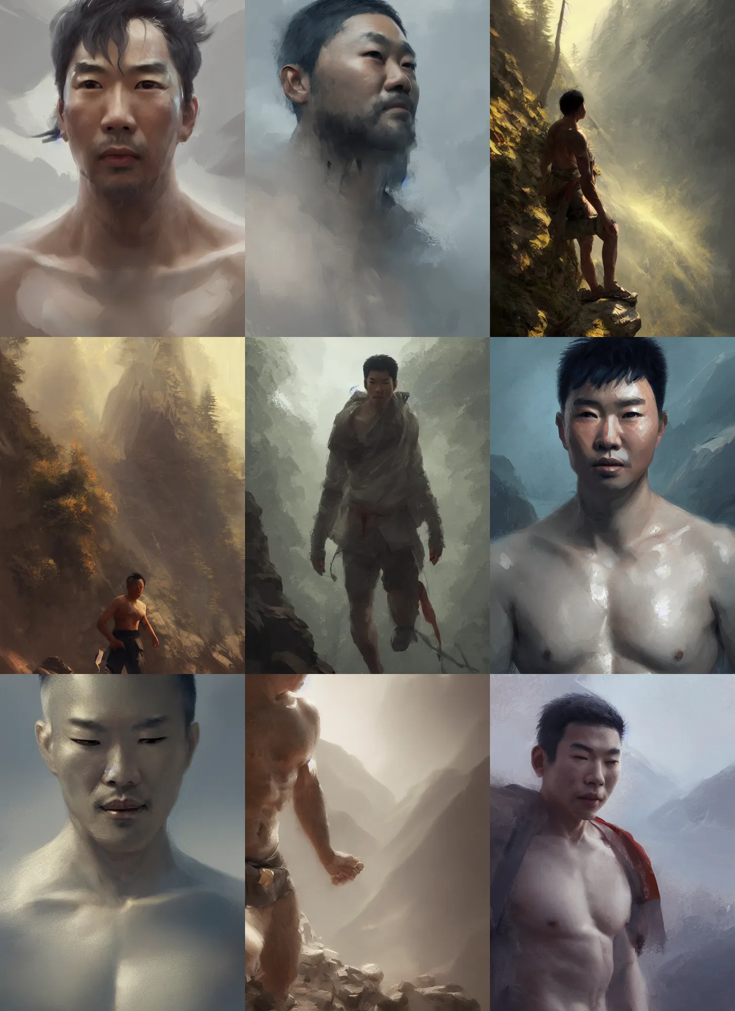 Prompt: asian man, barechest, hiking in rocky mountain, light, intricate, elegant, digital painting, highly detailed, artstation, sharp focus, illustration, ruan jia, rutkowski