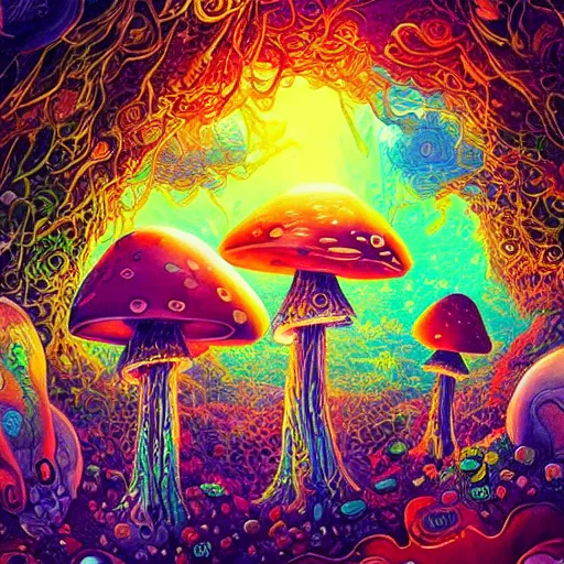 Prompt: trippy mushrooms, acrilic paint, digital, artstation, detailed intricate ink illustration, heavenly atmosphere, digital art, overdetailed art, concept art, complementing colors, trending on artstation, cgstudio, the most beautiful image ever created, dramatic, subtle details