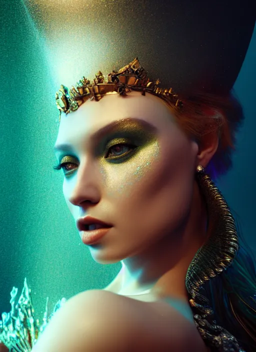 Prompt: portrait of mermaid queen, zoom, rule of thirds, atmosphere, intricate, regal, octane render, arnold render, unreal engine, lumen, symmetrical!!, loreal, maybelline, sephora, loreal, artstation, prism shadows, art by karol bak ( ( cinematic ) ), concept art, filmic, vsco