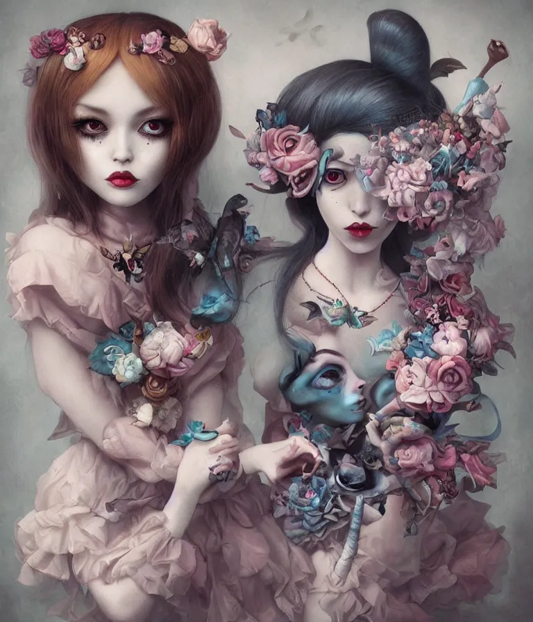 Prompt: pop surrealism, lowbrow art, realistic alone cute alice girl painting, japanese street fashion, hyper realism, muted colours, rococo, natalie shau, loreta lux, tom bagshaw, mark ryden, trevor brown style