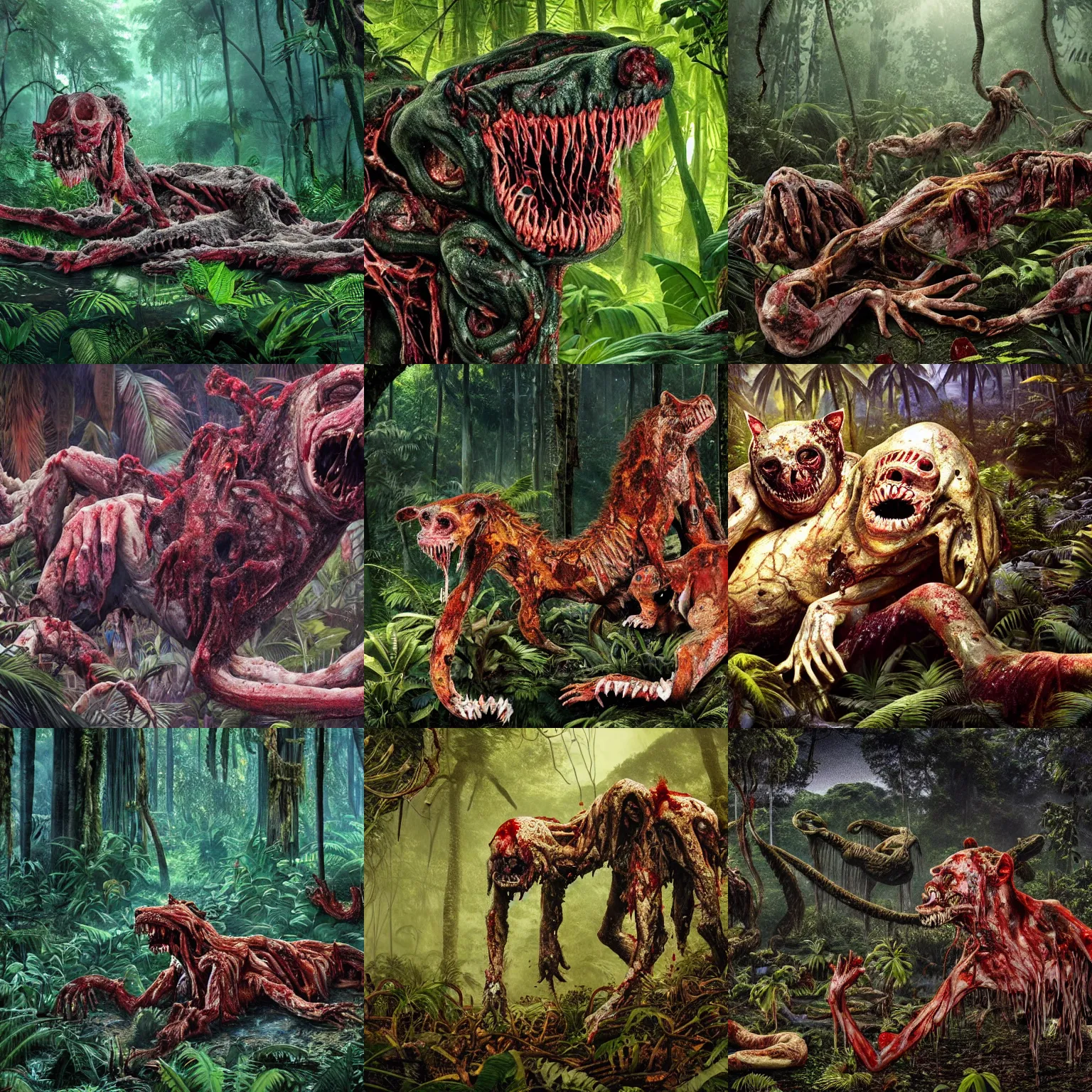 Prompt: an ultra-detailed high-quality photo of twisted humans and animals melting together, forming a livid amorphous mass of blood-oozing body horror composed of random limbs, patches of fur, eyes, teeth, and intestines falling out and slithering, in a deep lush jungle at night, hazy atmosphere