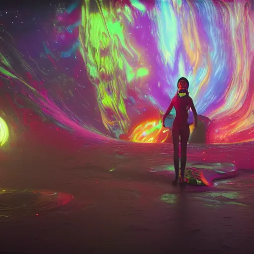 Image similar to psychedelic liquids space people, colorful, cinematic, by wlop, super detailed, unreal engine 5, octane render, vfx, houdini, 8 k, super realistic