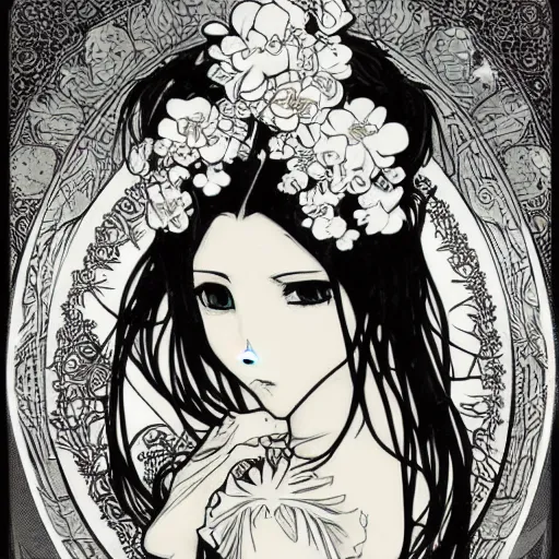 Image similar to anime manga skull portrait woman comic skeleton illustration style by Alphonse Mucha and Gustav Klimt pop art