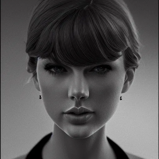 Prompt: a front - faced clear close - up studio portrait of taylor swift looking slightly to her left, dramatic cinematic lighting, trending on artstation, fine details, 8 k, highly detailed, beautifully composed