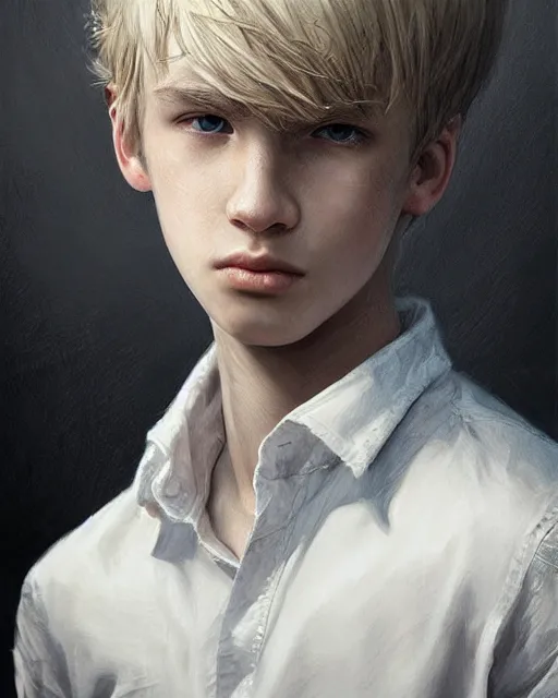 Image similar to portrait of 1 5 - year - old boy, with slender, white - blond hair, cold grey eyes, a pale complexion with sharp and pointed features, hyper realistic face, beautiful eyes, fantasy art, in the style of greg rutkowski, intricate, hyper detailed, smooth