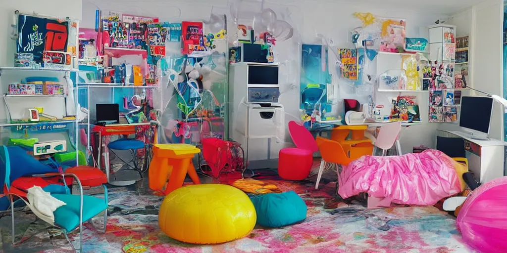 Prompt: a teens room in the 90s with transparent inflatable chairs and 90s novelty items and an old computer