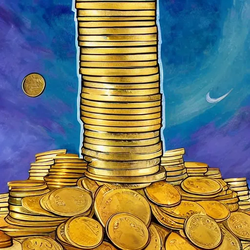 Image similar to a painting of a giant stack of coins heading towards the moon